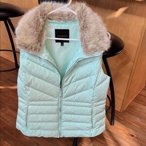 Talbots Mint Puffer Vest with a removable Faux Fur Collar.